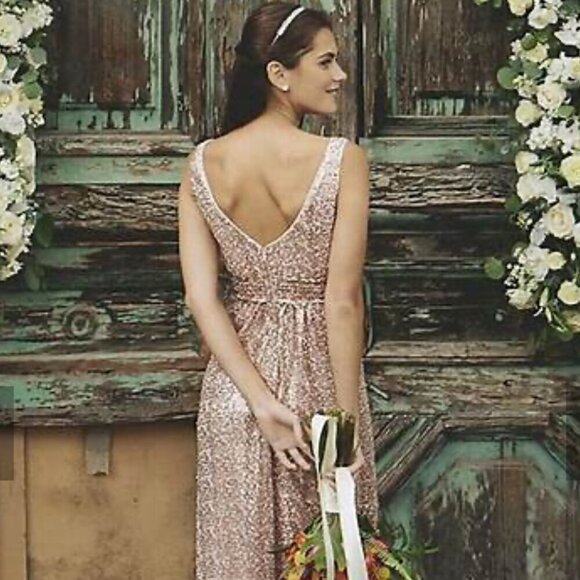 David's Bridal SZ 6 Gold Grecian Sequin Formal glamour party formal prom wedding - Picture 5 of 15